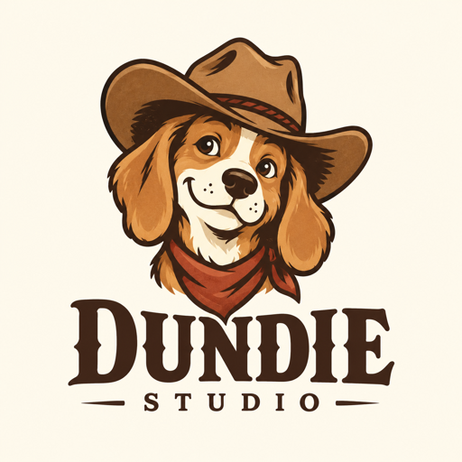 Dundie Studio — a smiling dog in a cowboy hat and red bandana