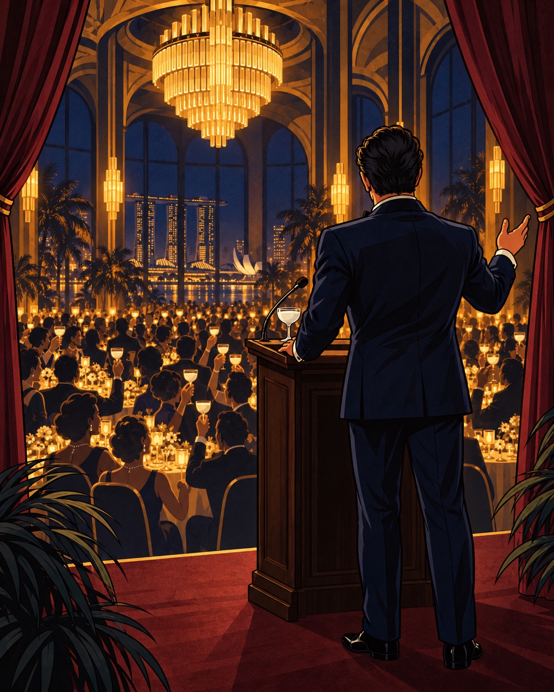 Adrian addresses the glittering anniversary ballroom from behind his lectern.
