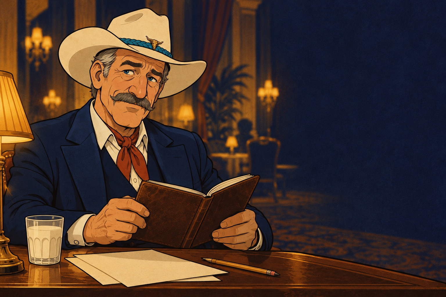Detective Dundie, in his cream cowboy hat and navy suit, opens a leather casebook at a lamplit desk.
