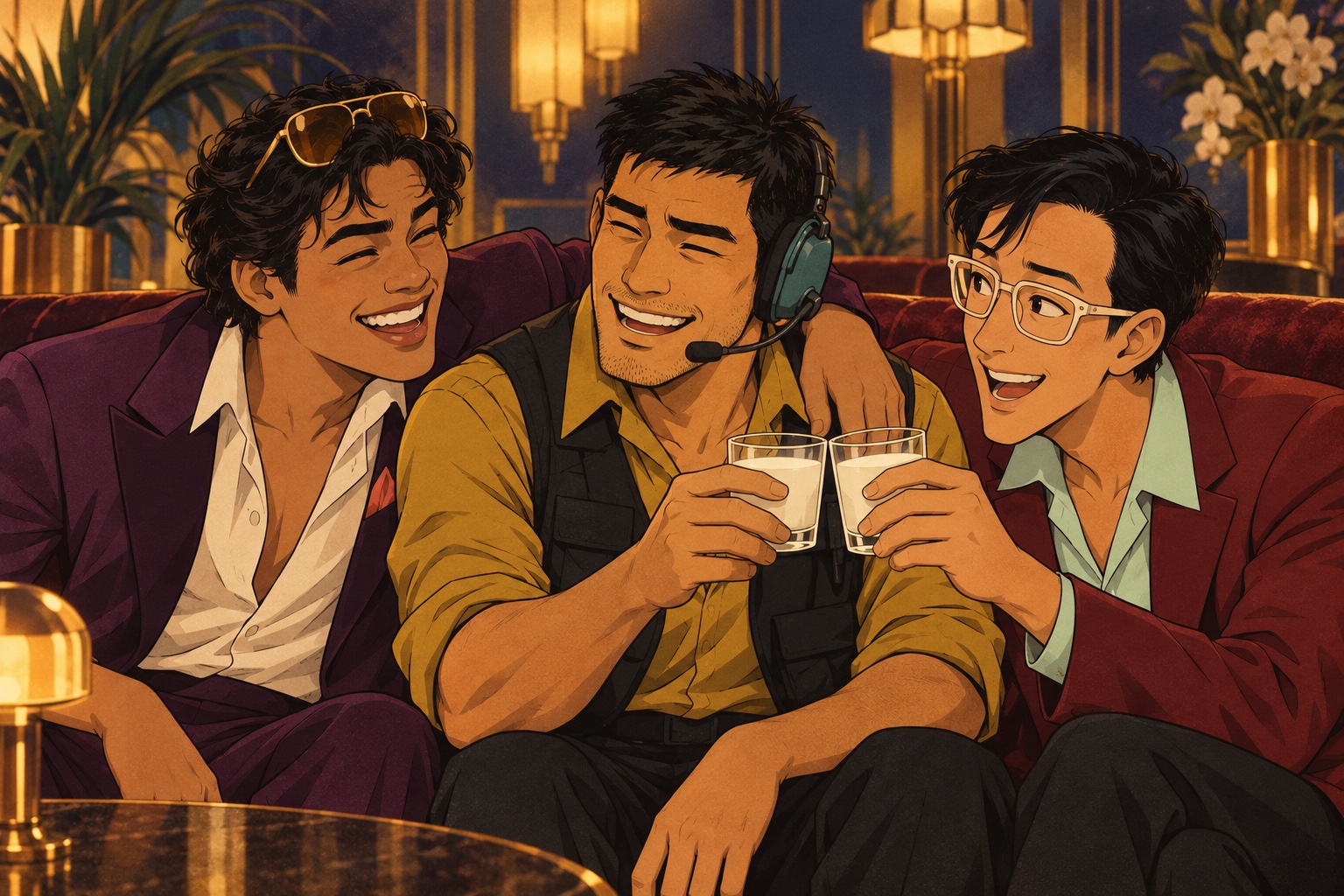 Earlier at the gala: Jack throws an arm around a laughing Caleb while Leo leans in to clink milk glasses.